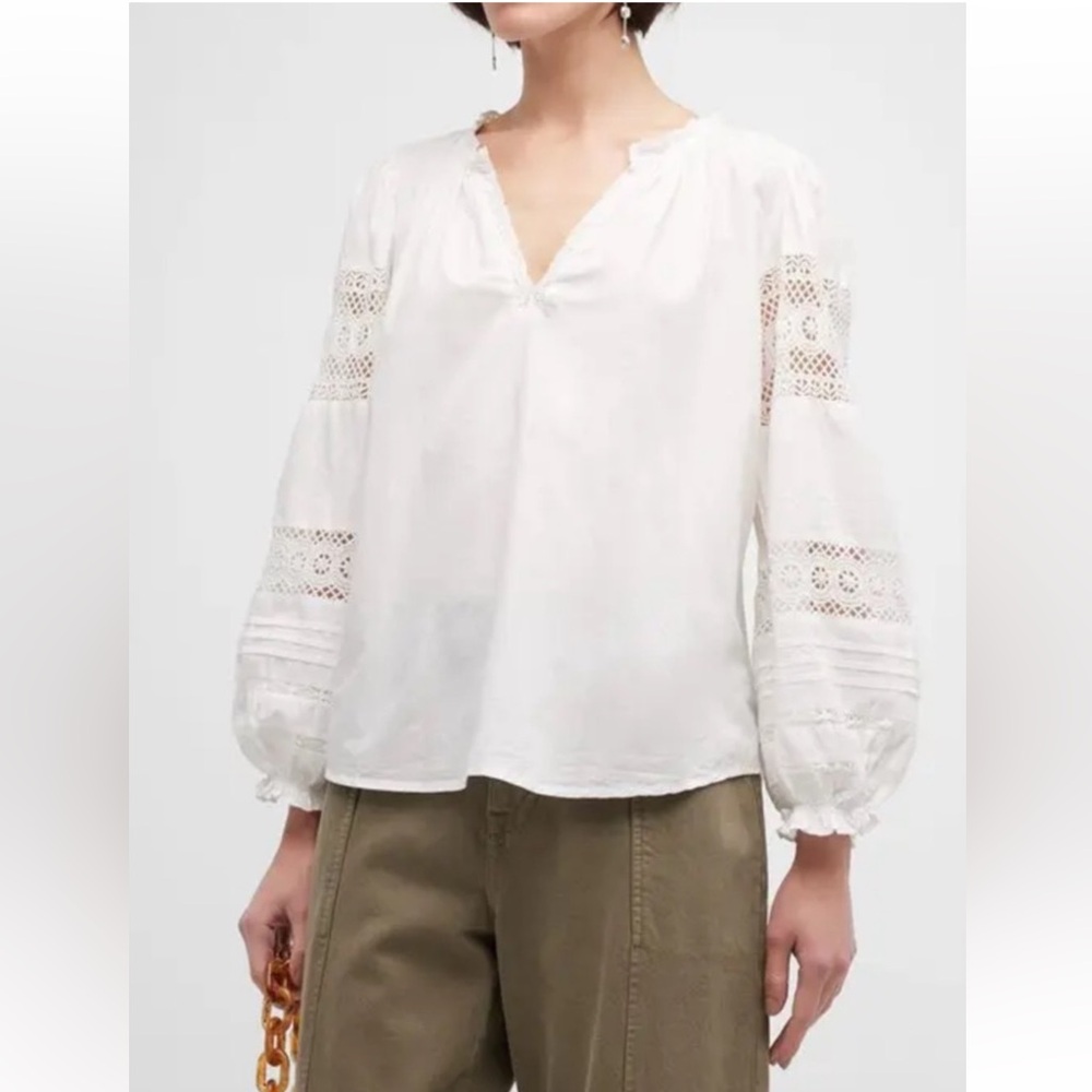 NWOT Velvet by Graham & Spencer Tayler Lace Sleeve Top Blouse Cotton White